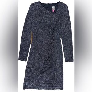 NWT Vince Camuto Women’s 6 Asymmetric V Neck Rushed Short Dress Navy Sparkle